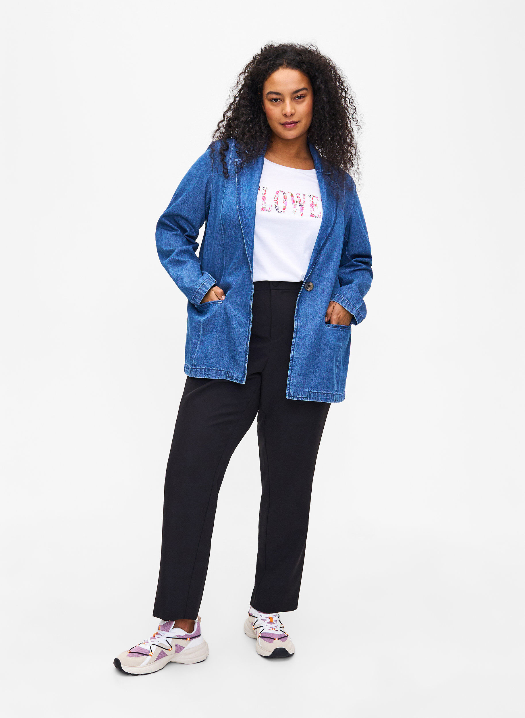 Zizzi Denim blazer med lommer, Blue Denim, Model image number 2