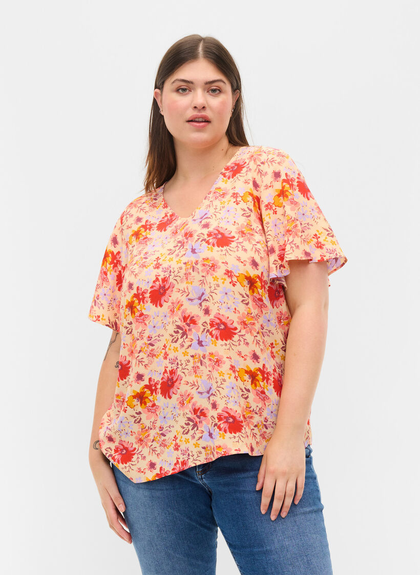 Kortærmet viskose bluse med blomsterprint, Red Orange AOP, Model image number 0