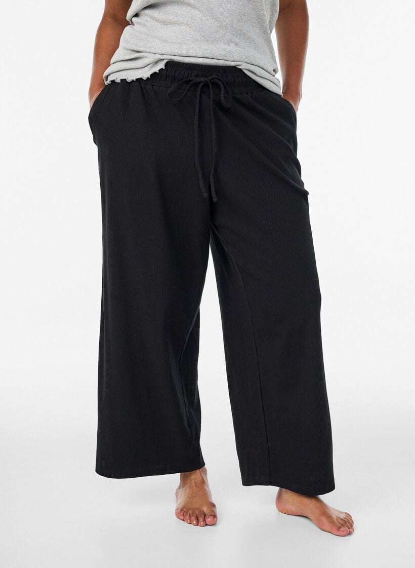 Pyjamasbukser med ribstruktur og lige ben, Sort, Model image number 1