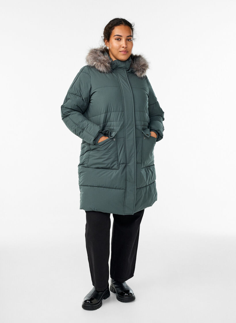 Vandafvisende parka med hætte og imiteret pelskant, Grøn, Model image number 1