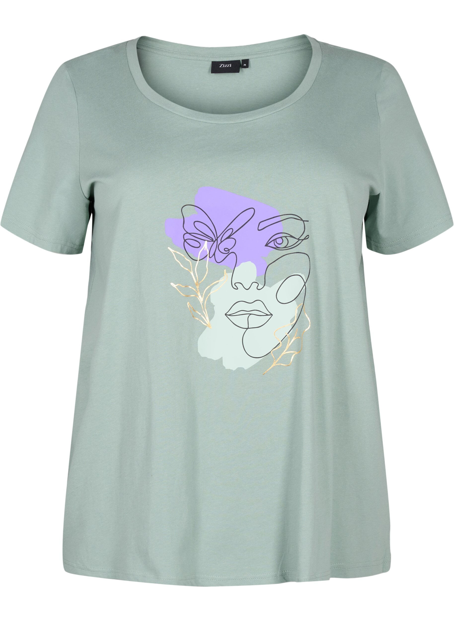 Zizzi Bomulds t-shirt med motiv, Ch. Green w. Face, Packshot image number 0