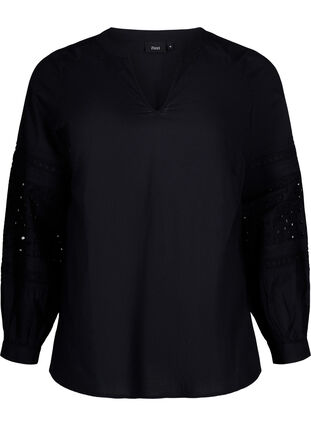 Bluse med lange ærmer og dekorative detaljer, Black, Packshot image number 0