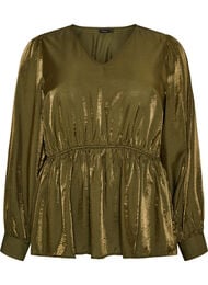 Glansfuld viskosebluse med peplum-effekt, Gr&oslash;n