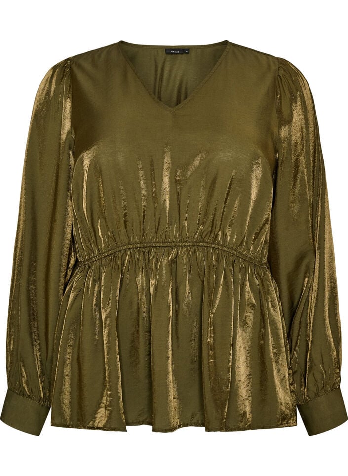 Glansfuld viskosebluse med peplum-effekt, Gr&oslash;n, Packshot image number 0