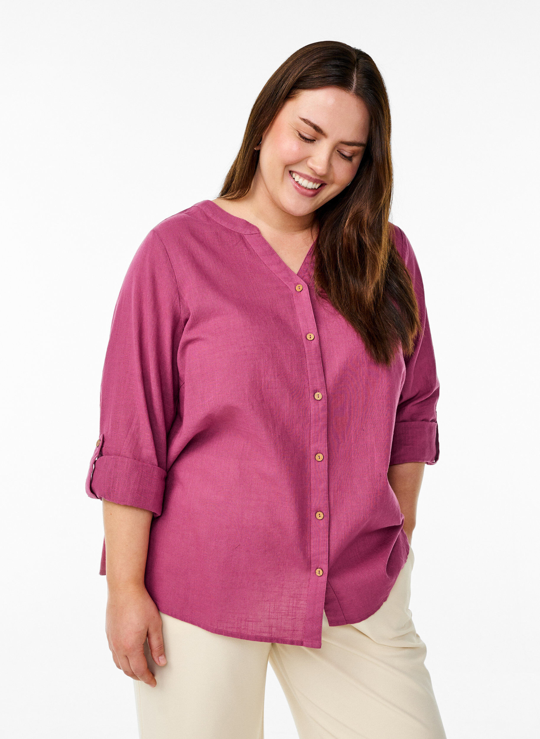 ZizziSkjortebluse i bomuld med v-udsk&aelig;ring, R&oslash;d, Model image number 0