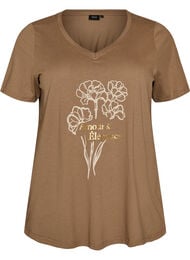 T-shirt i bomuld med frontprint og V-hals, Brun