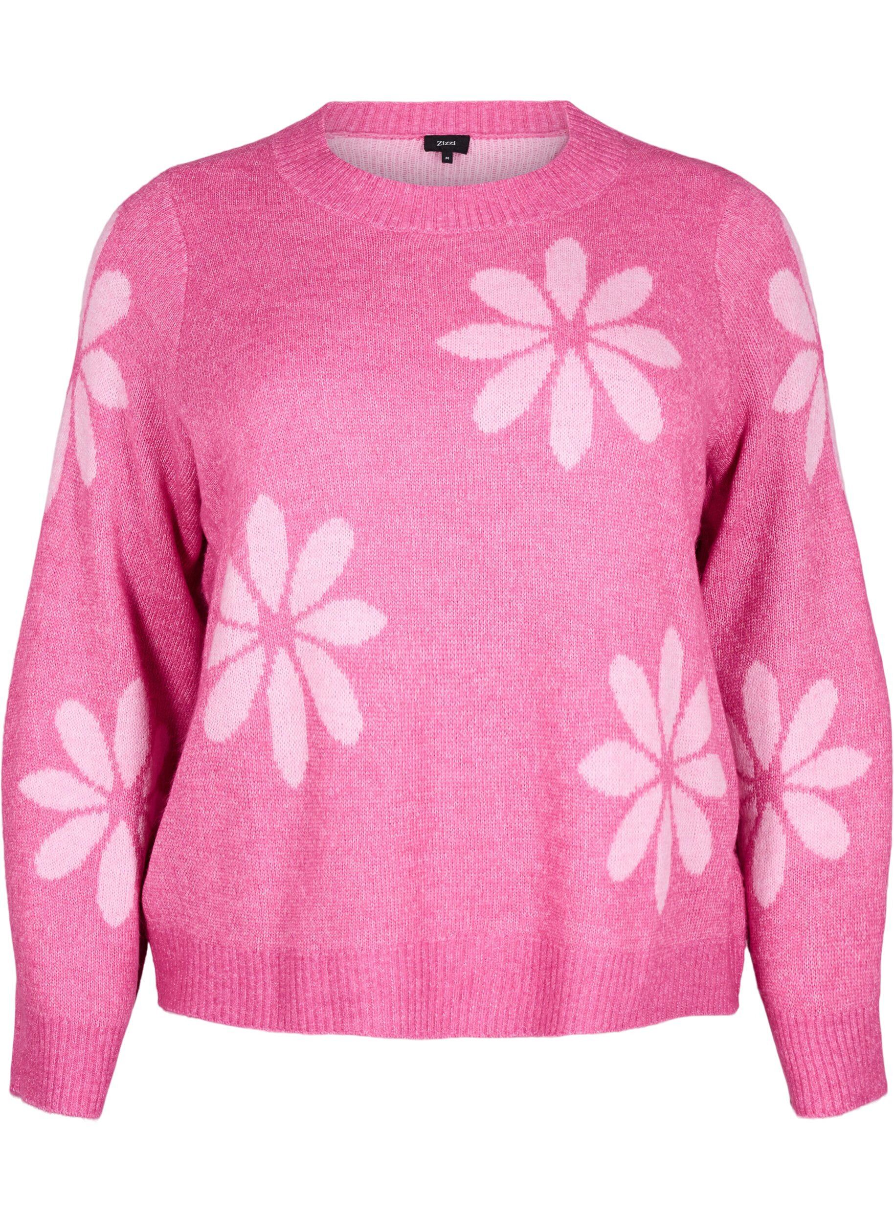 Zizzi Strikbluse med blomster, Raspberry Rose Comb, Packshot image number 0