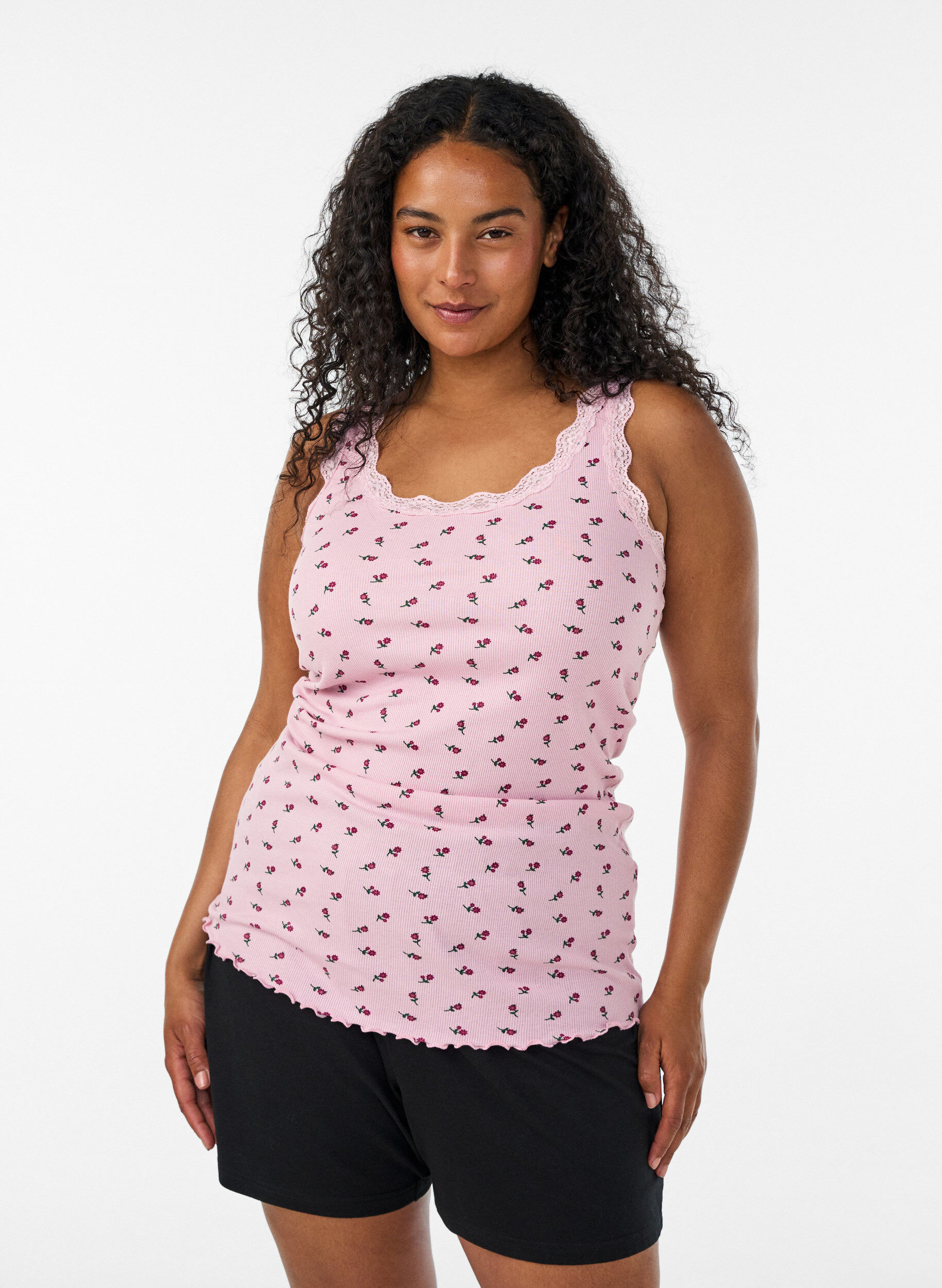 ZizziTop med print og blondekant, Lyser&oslash;d, Model image number 0
