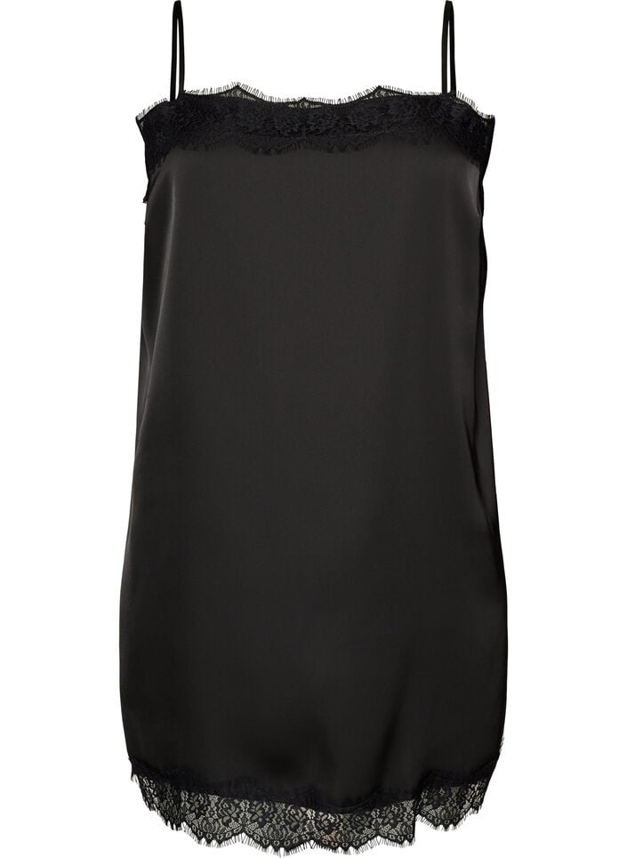 Lang satintop med blondekanter, Sort, Packshot image number 0