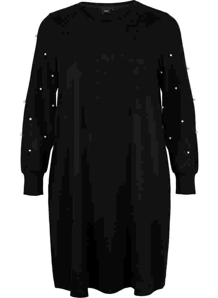 Langærmet kjole med perledetaljer, Black, Packshot image number 0