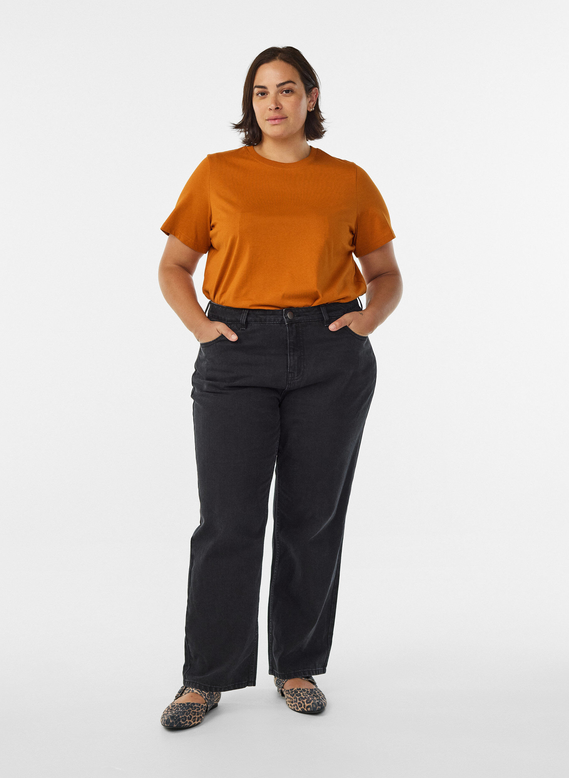 ZizziBasis t-shirt i bomuld med rund hals , Orange, Model image number 1
