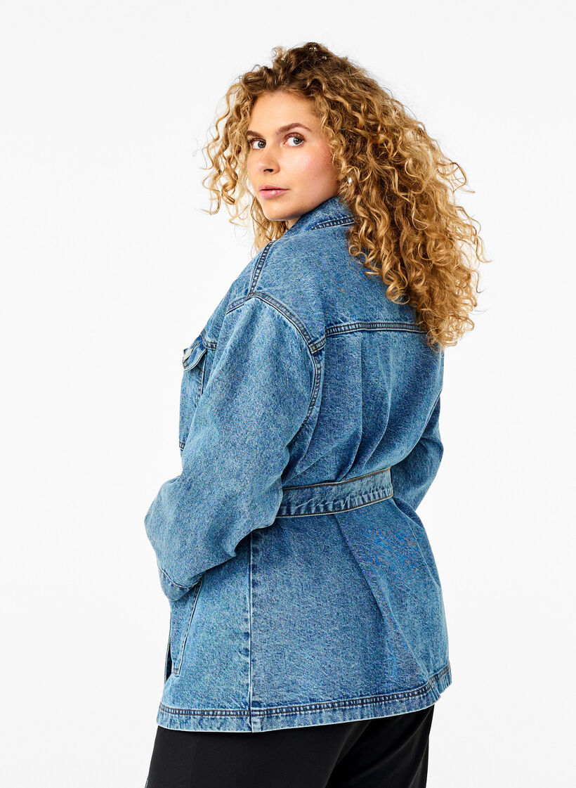 Denimjakke med bindebælte, Blue Denim, Model image number 1