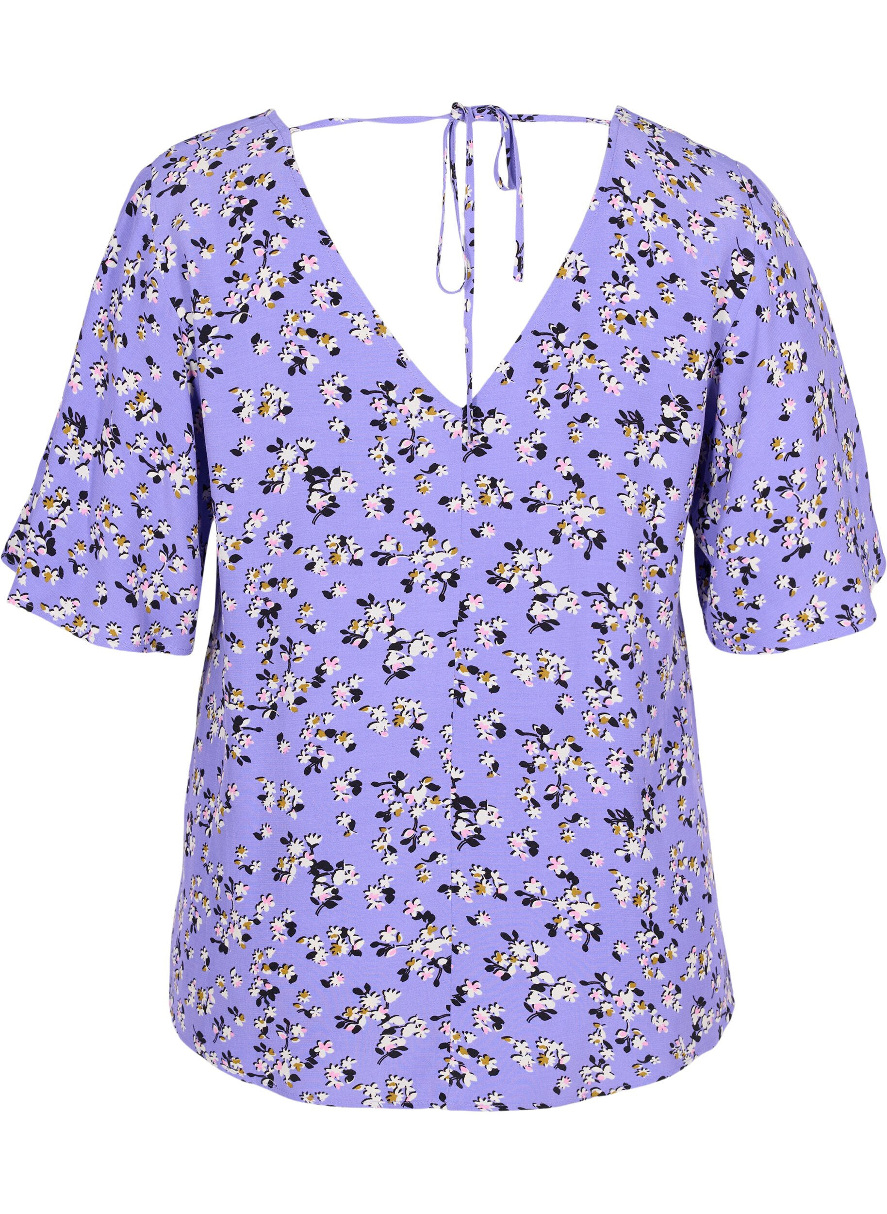 Zizzi Blomstret viskose bluse med sn&oslash;redetalje, Lilac Flower Print, Packshot image number 1