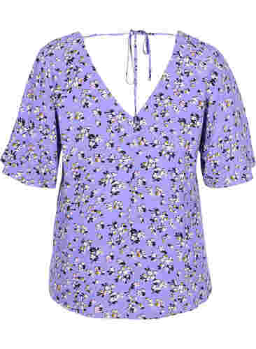 Blomstret viskose bluse med snøredetalje, Lilac Flower Print, Packshot image number 1