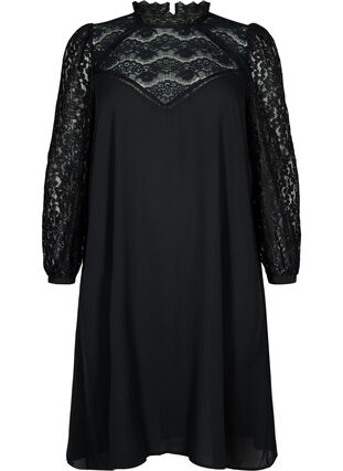 Langærmet kjole med blonder, Black, Packshot image number 0