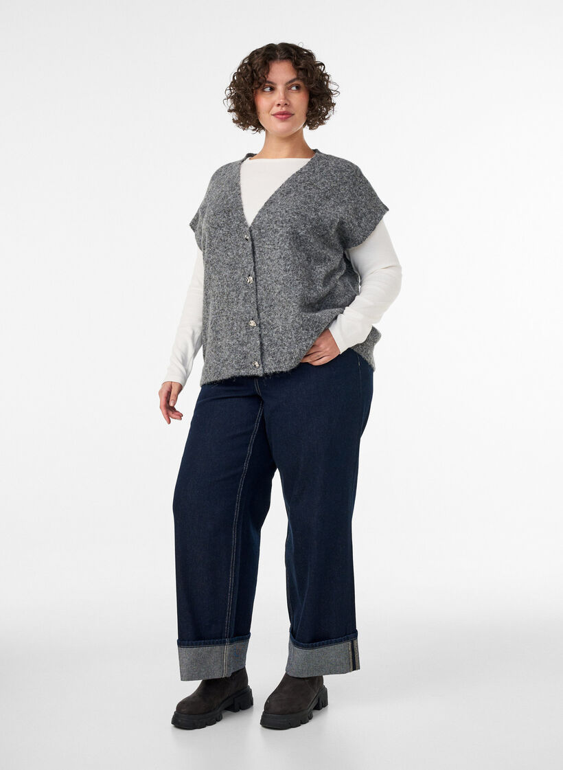 Strikvest med V-hals og dekorative knapper, Gr&aring;, Model image number 1