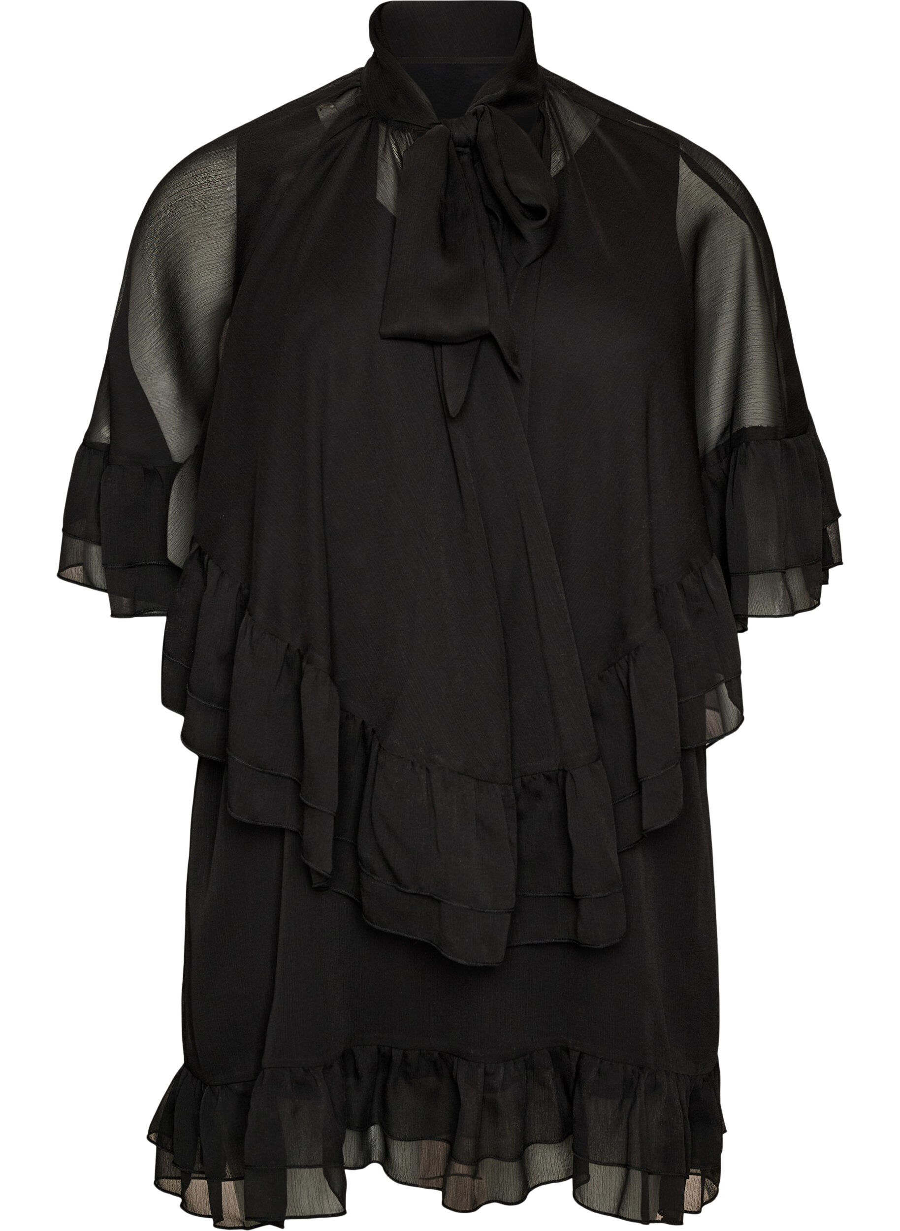 Zizzi&AElig;rmel&oslash;s kjole med chiffon-kappe, Sort, Packshot image number 0