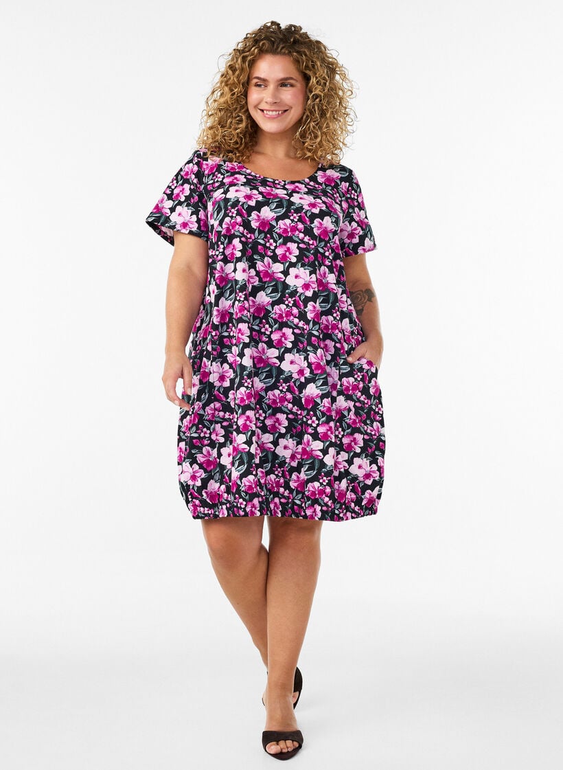 Kort&aelig;rmet bomuldskjole med print, Sort, Model image number 1