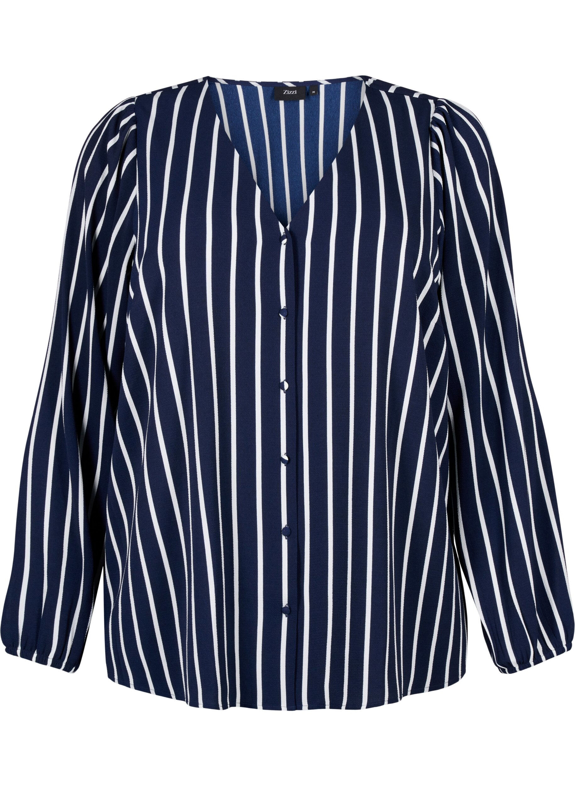 Zizzi Skjortebluse med v-hals og print, Maritime Blue Stripe, Packshot image number 0