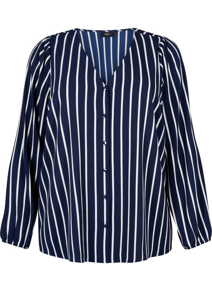 Skjortebluse med v-hals og print, Maritime Blue Stripe, Packshot image number 0