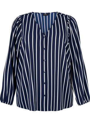 Skjortebluse med v-hals og print, Maritime Blue Stripe, Packshot image number 0