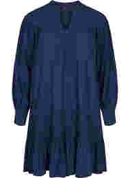 Langærmet viskose kjole med smockdetaljer, Navy Blazer
