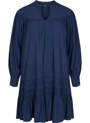 Langærmet viskose kjole med smockdetaljer, Navy Blazer, Packshot image number 0