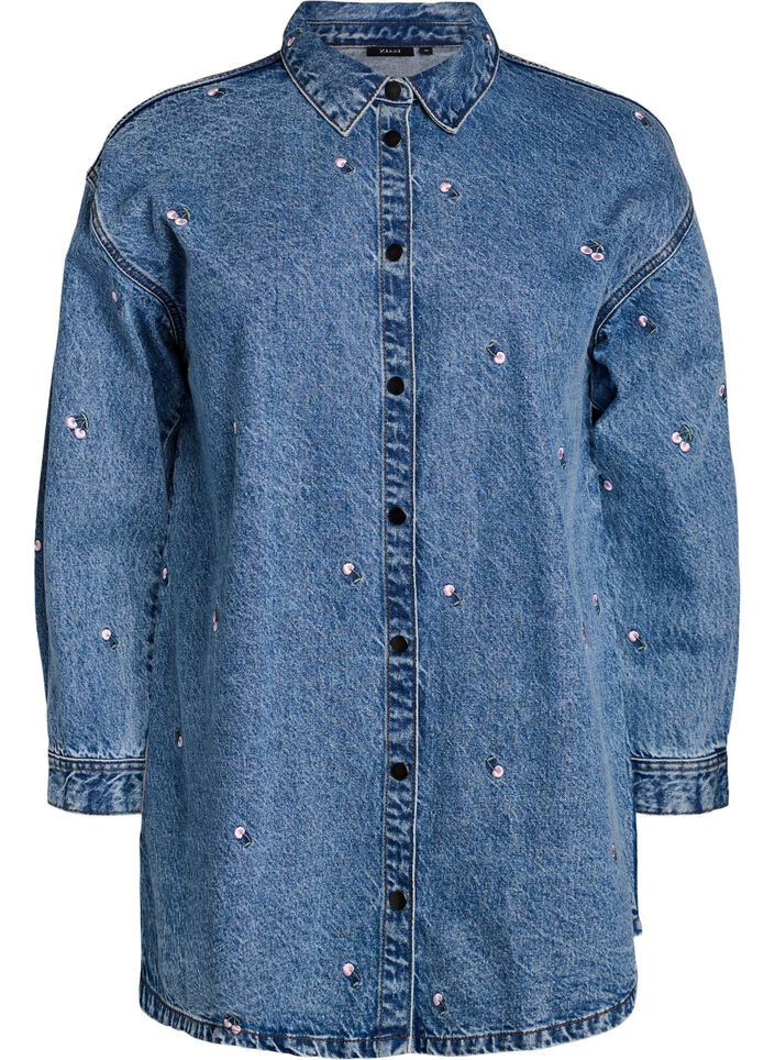 Denimskjorte med broderede motiver, Blå, Packshot image number 0