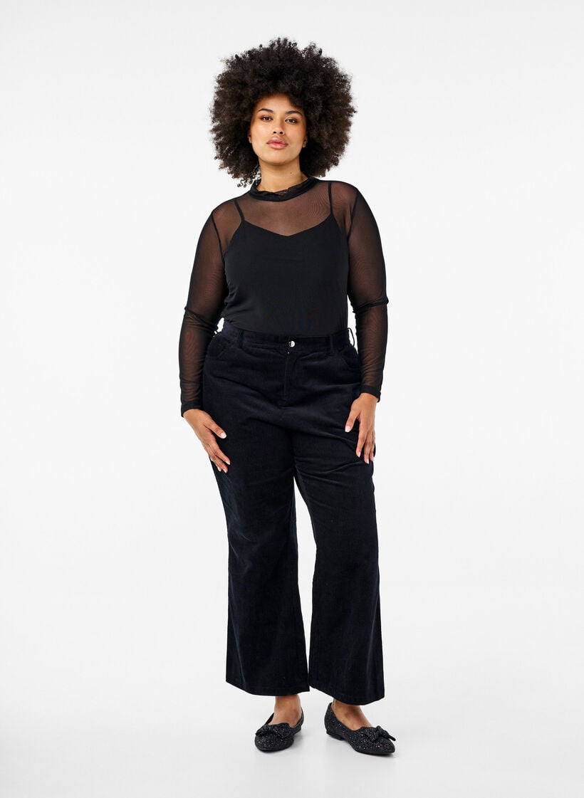 T&aelig;tsiddende meshbluse med lange &aelig;rmer, Sort, Model image number 1