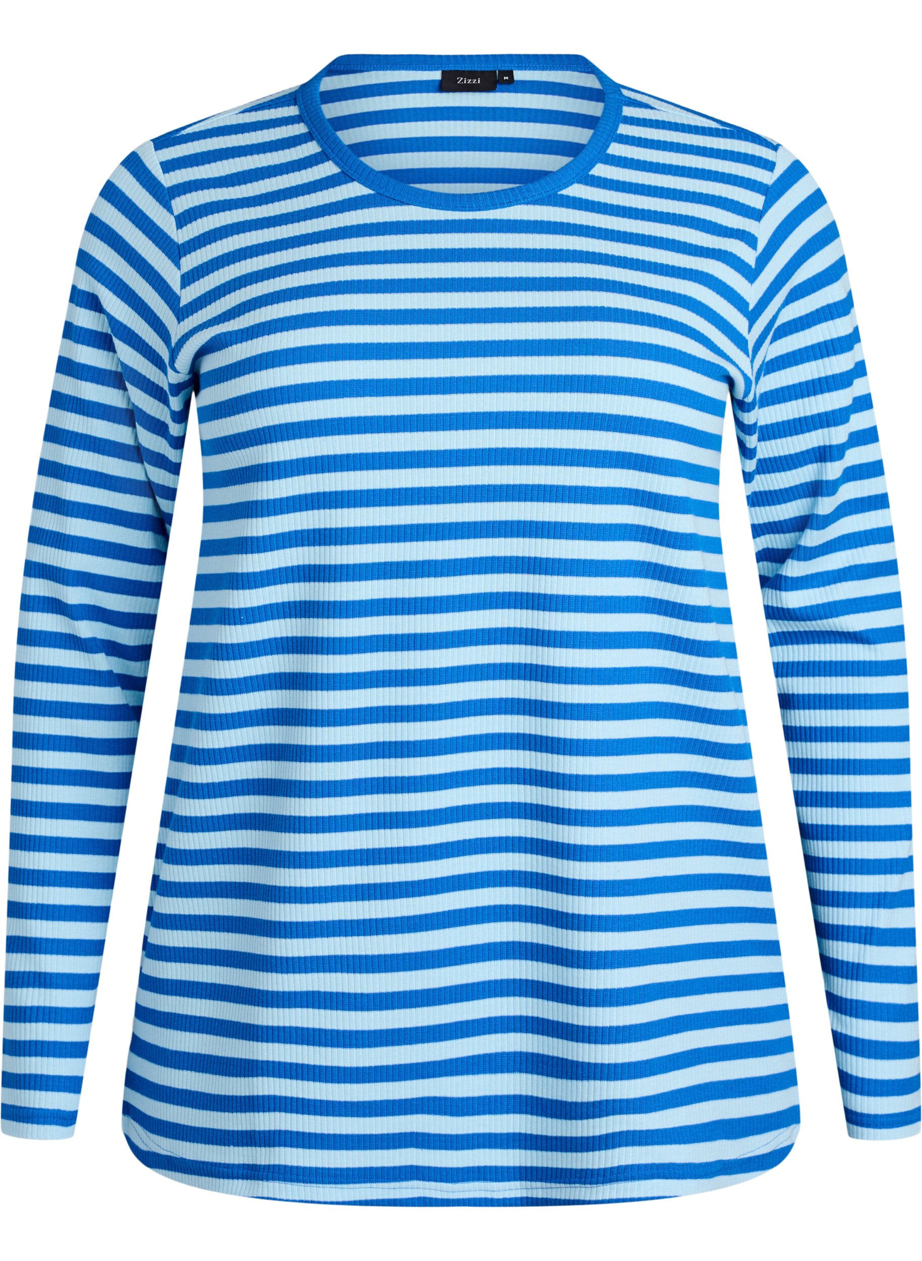 ZizziStribet bluse med lange &aelig;rmer, Bl&aring;, Packshot image number 0