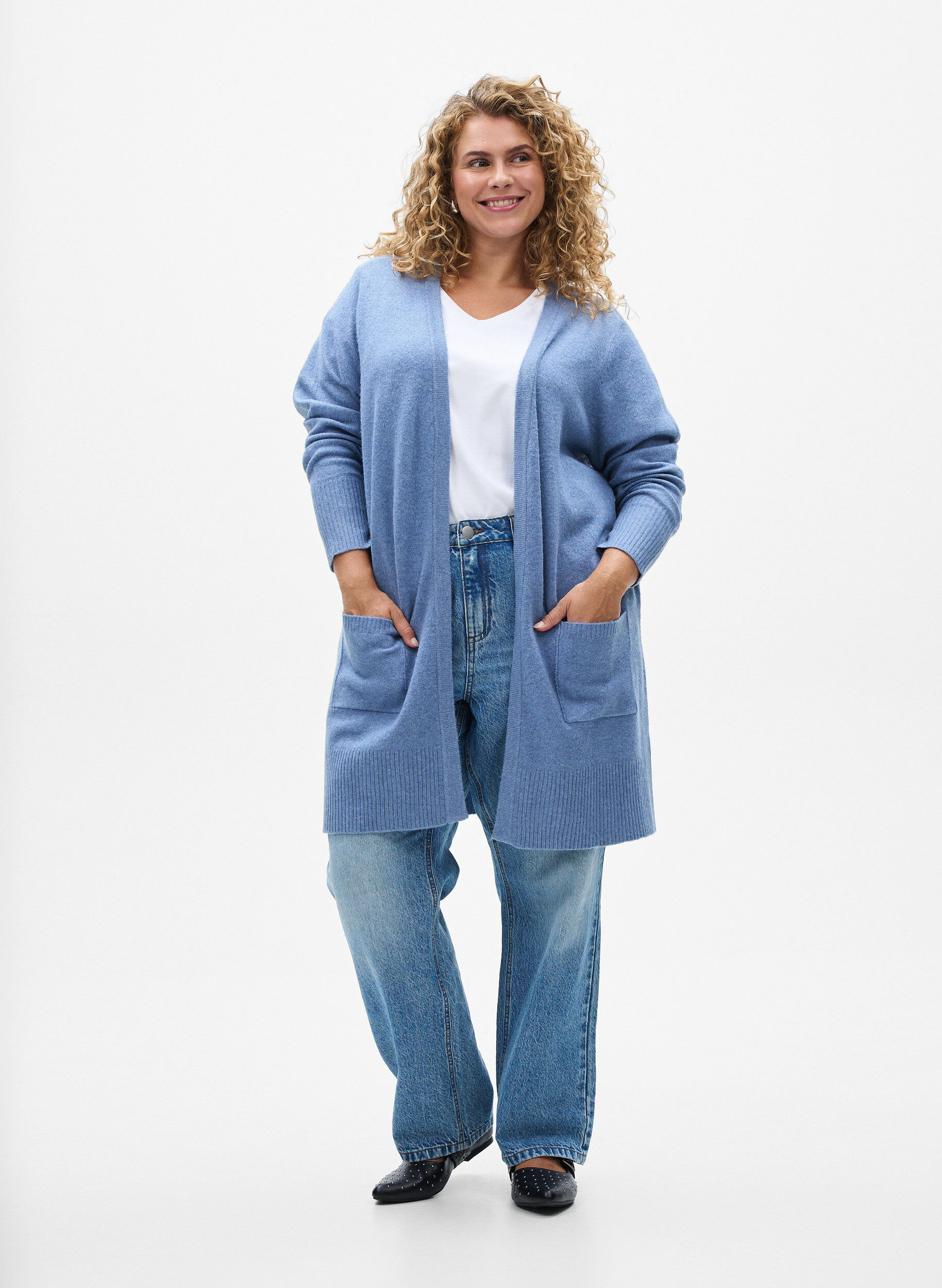 ZizziMeleret strik cardigan med lommer, Bl&aring;, Model image number 1