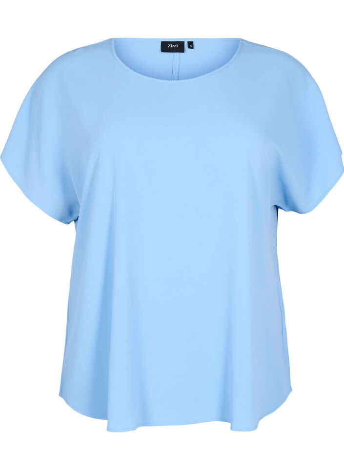 Bluse med korte &aelig;rmer og rund halsudsk&aelig;ring, Bl&aring;, Packshot image number 0