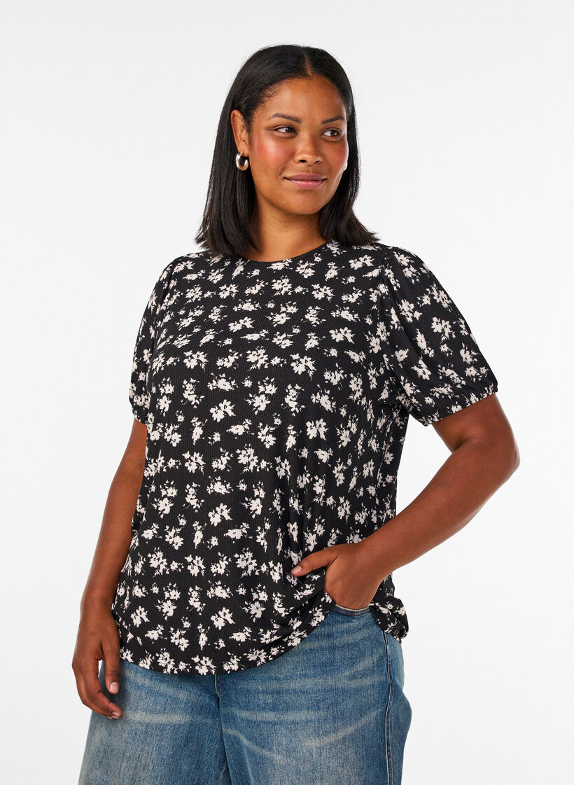 Bluse med korte &aelig;rmer og blomsterprint, Sort, Model image number 0