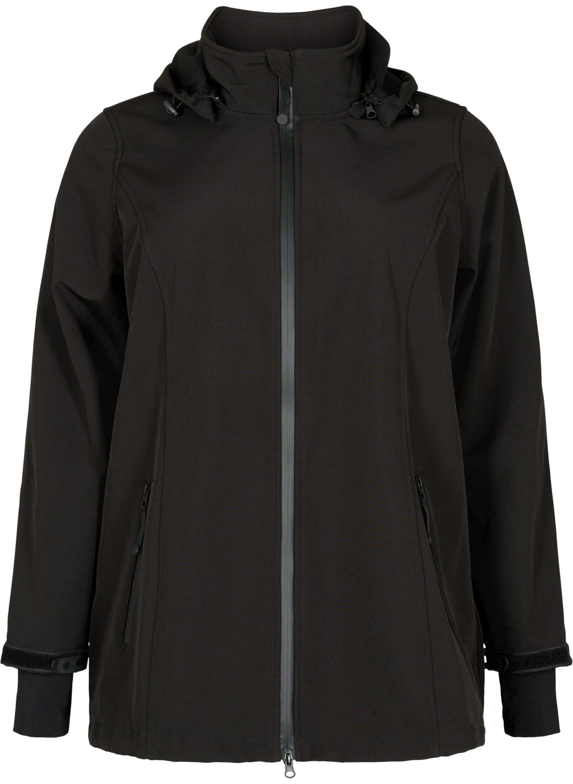 Kort softshell jakke med aftagelig h&aelig;tte