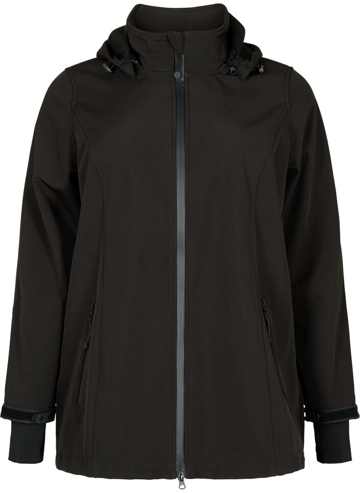 Kort softshell jakke med aftagelig h&aelig;tte, Sort, Packshot image number 0