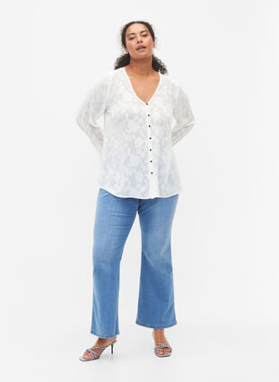 Langærmet skjorte med jacquard look, Bright White, Model image number 2