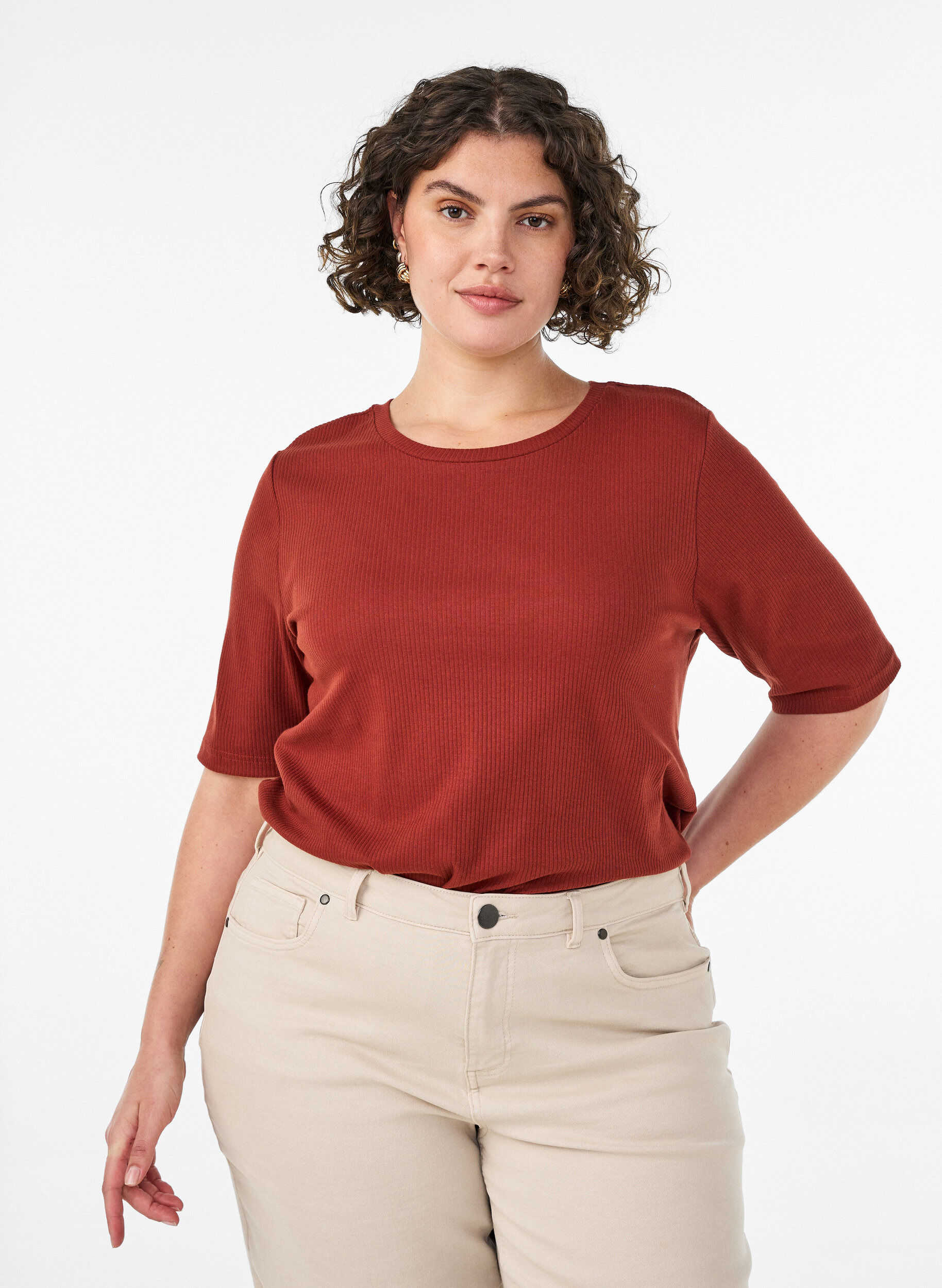 ZizziRibbet jerseybluse med korte &aelig;rmer, R&oslash;d, Model image number 0