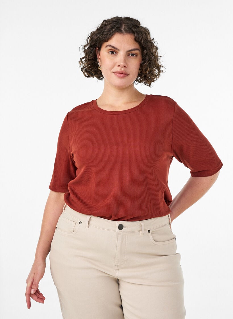 Ribbet jerseybluse med korte &aelig;rmer, R&oslash;d, Model image number 0