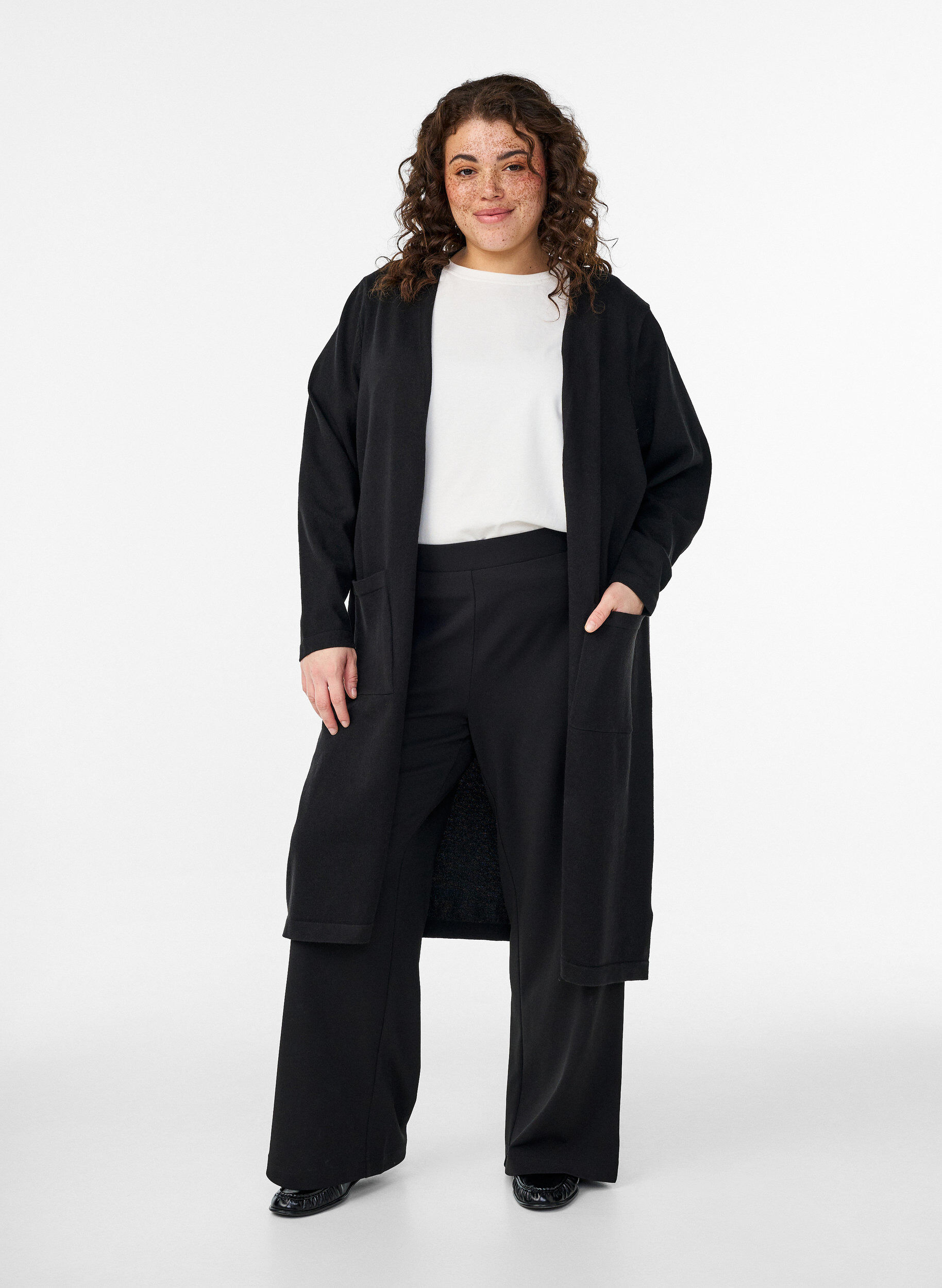 ZizziLang, &aring;ben cardigan med lommer, Sort, Model image number 0