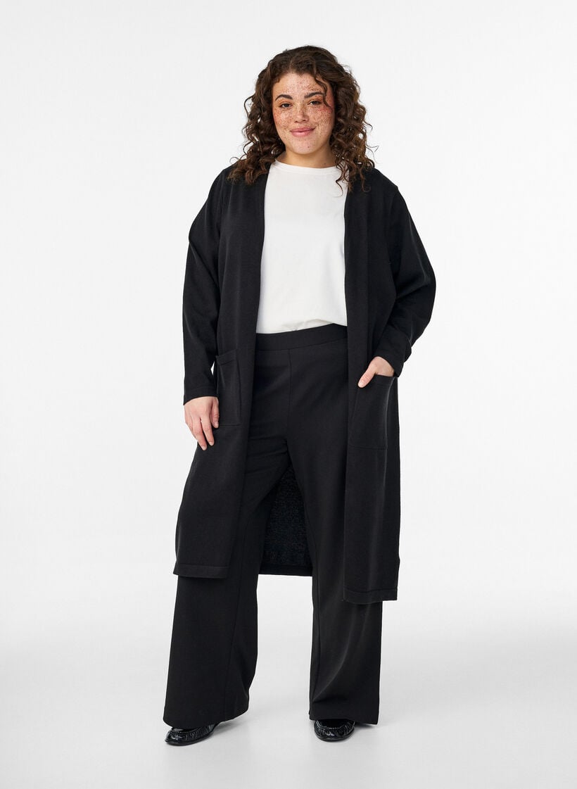 Lang, &aring;ben cardigan med lommer, Sort, Model image number 0