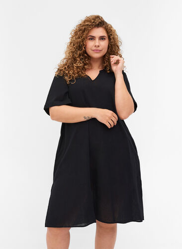 Kortærmet kjole i bomuldsmix med hør, Black, Model image number 0