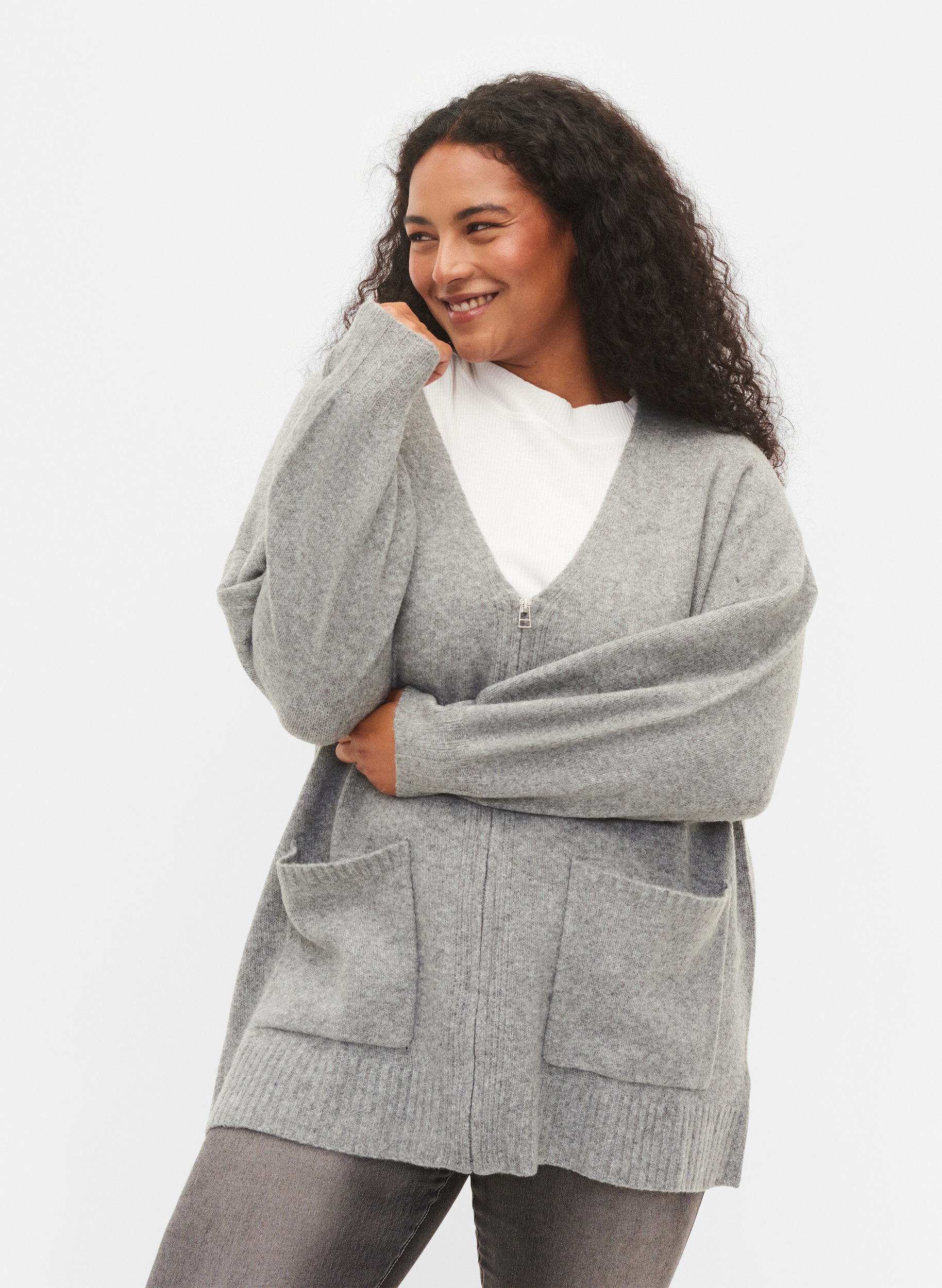 Zizzi Lang strikket cardigan med lynl&aring;s og lommer, Medium Grey Melange, Model image number 0