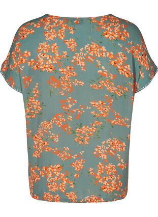 Kortærmet viskose bluse med blomsterprint, Balsam Green Flower, Packshot image number 1