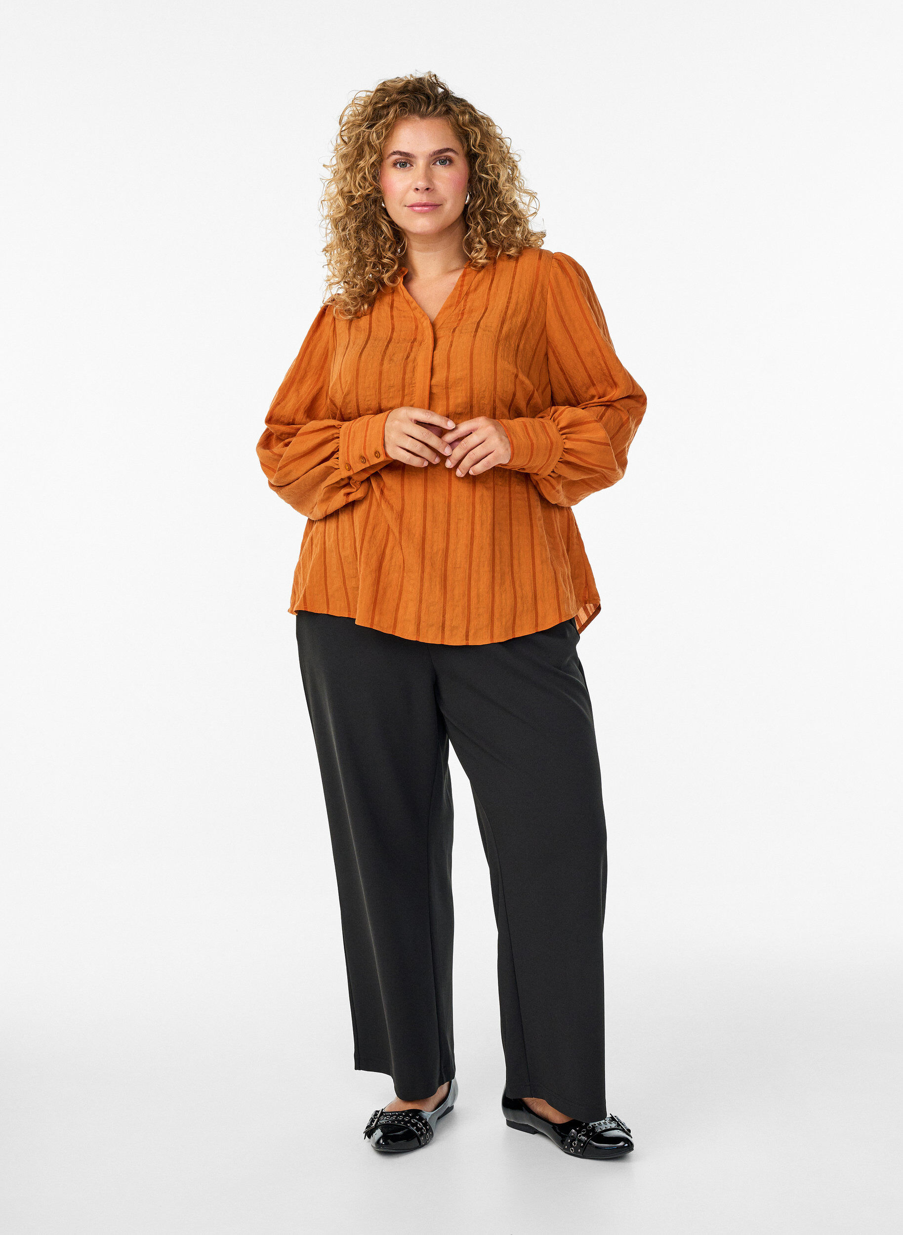 Zizzi Bluse med lodrette striber., Orange, Model image number 1