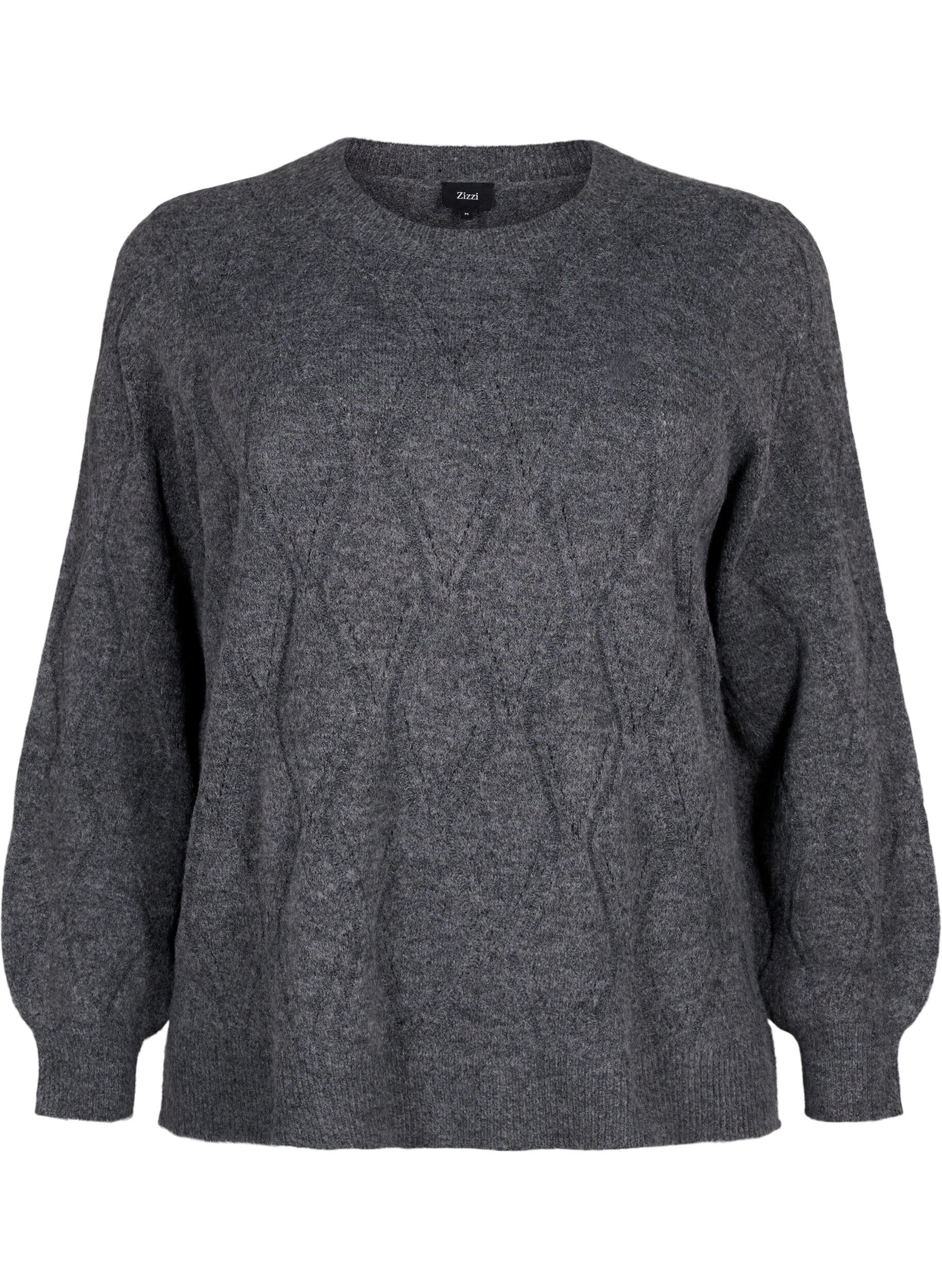 Zizzi Strikbluse med hulm&oslash;nster, Dark Grey Melange, Packshot image number 0