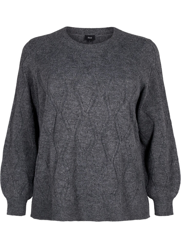 Strikbluse med hulmønster, Dark Grey Melange, Packshot image number 0
