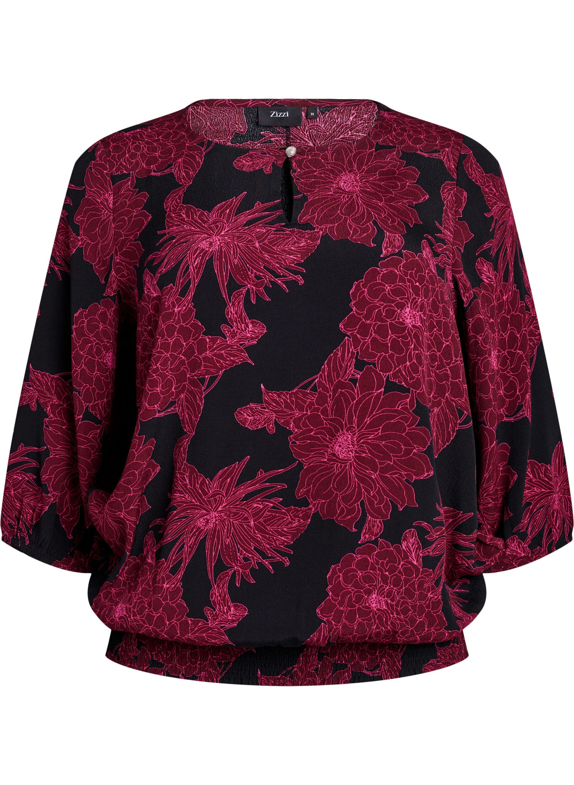 ZizziViskosebluse med blomsterprint og smock, M&oslash;rk Bordeaux, Packshot image number 0