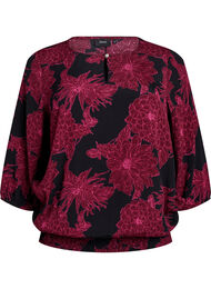 Viskosebluse med blomsterprint og smock, M&oslash;rk Bordeaux