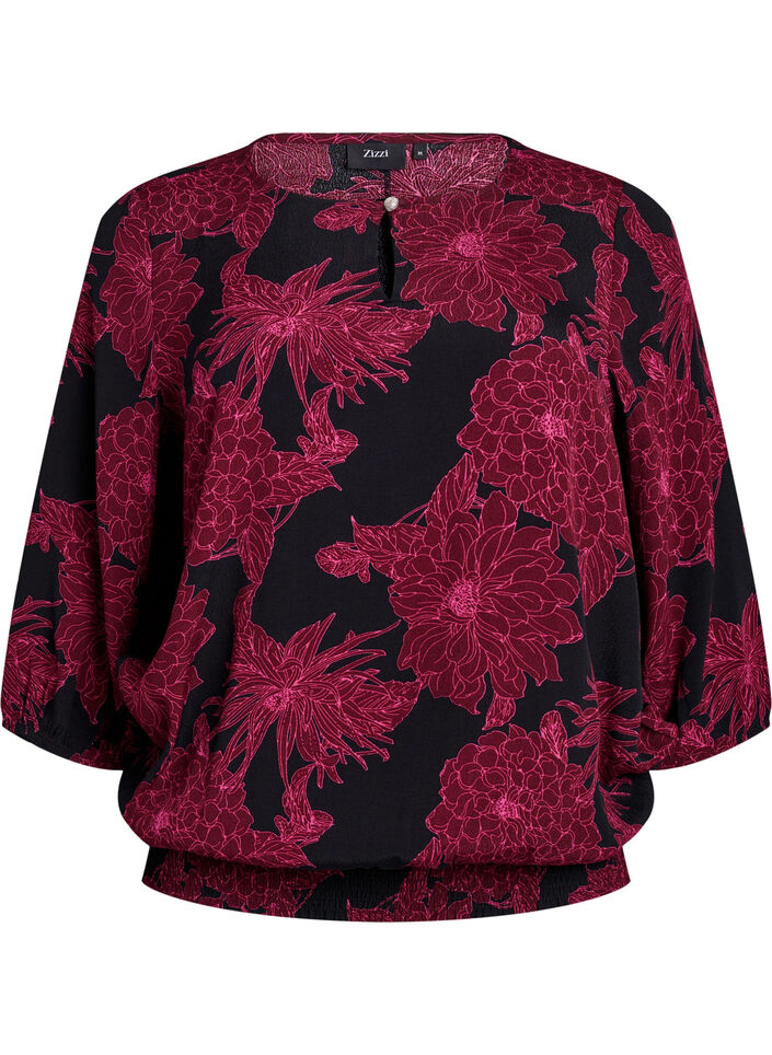 Viskosebluse med blomsterprint og smock, M&oslash;rk Bordeaux, Packshot image number 0