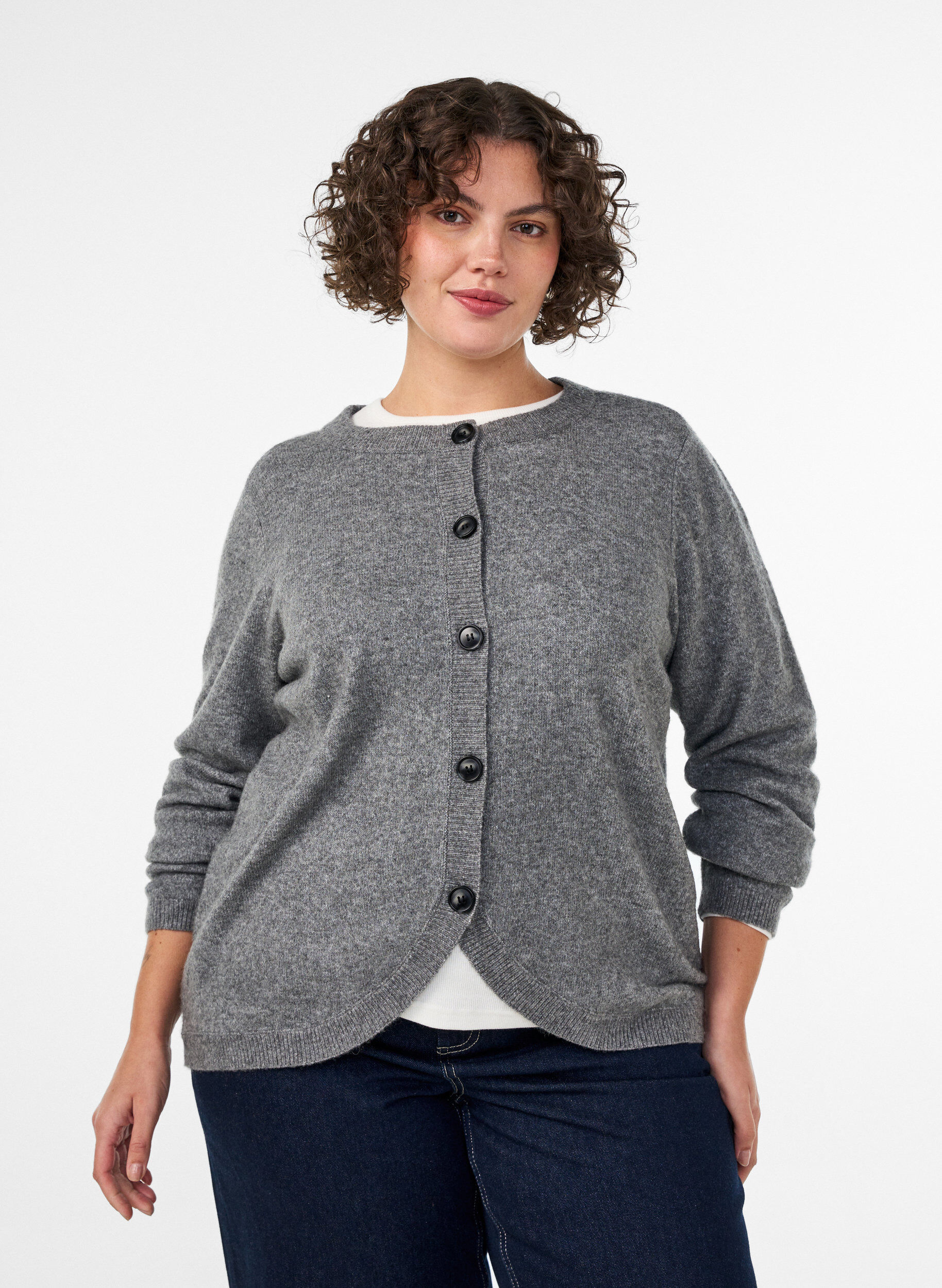 ZizziCardigan med knapper og afrundet front, Gr&aring;, Model image number 0
